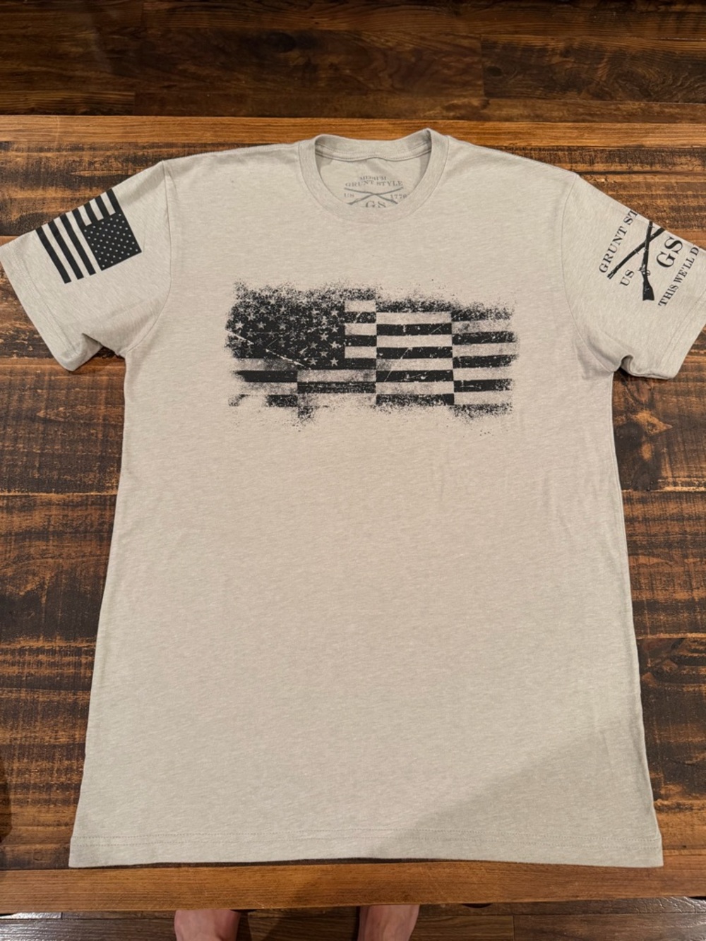 Grunt Style Men's Distressed Flag Tee - Light Heather Gray with Black Print